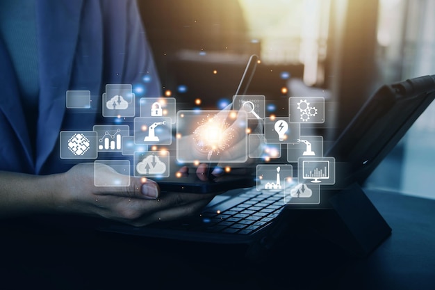Digital transformation technology strategy digitization and digitalization of business processes and data optimize and automate operations customer service management internet and cloud computing