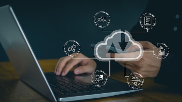 Digital transformationsændringsstyring smart industri. Cloud-teknologi. Datalagring. Kundeservice management. Netværk og internettjenestekoncept