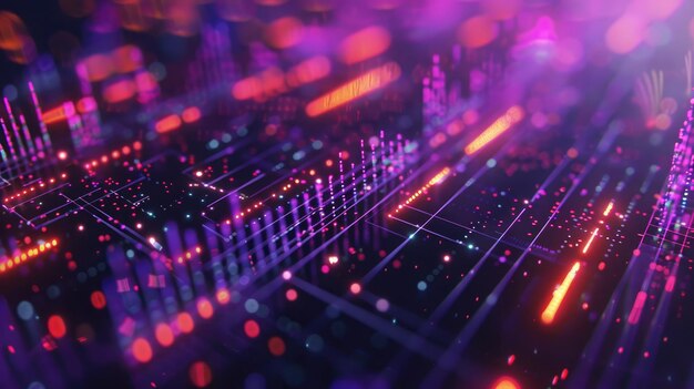 Digital wallpaper with charts and graphs on multiple computer screens glowing purple light