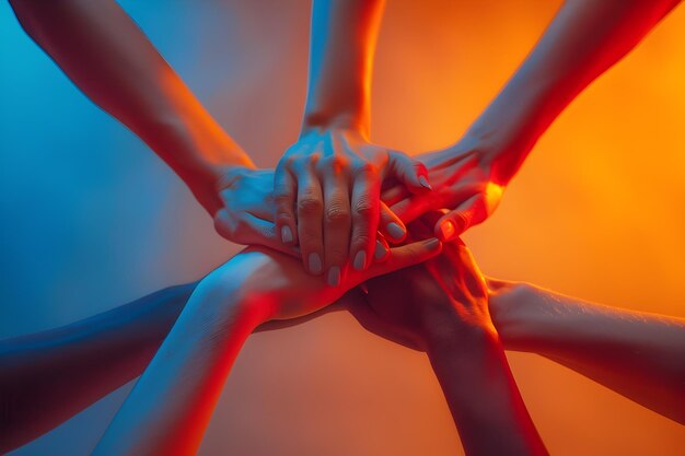 Diverse Hands Stacked Together in Unity with Vibrant Blue and Orange Lighting