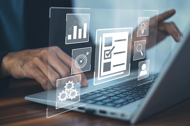 dms is document management concept man using a computer to document management in online documentation database and digital file storage system or software records keeping database technology