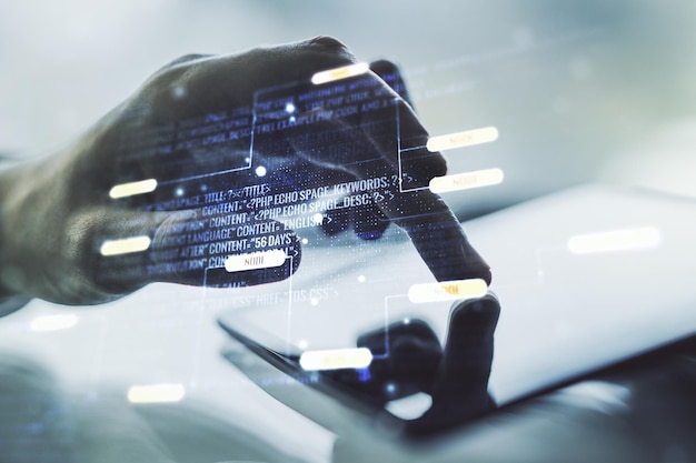 Dobbelt eksponering af abstrakt kreativ programmeringsillustration og fingerklik på en digital tablet på baggrund af big data og blockchain-koncept