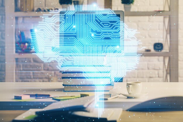 Dobbelt eksponering af arbejdsplads med computer og menneskelig hjerne tegning hologram Brainstorm koncept