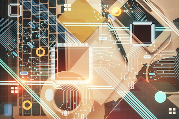 Dobbelteksponering af data, der tegner hologram over topvisning af studiebord baggrund med computer. Koncept for AI
