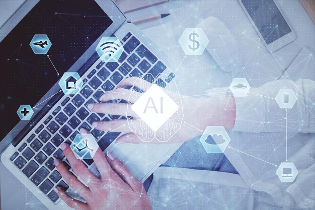 Dobbelteksponering af kvindehænder, der arbejder på computer og data-tema hologramtegning. Top View. Teknologikoncept