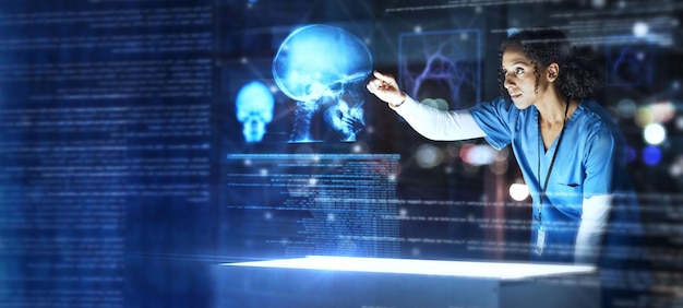 Doctor healthcare or futuristic skull scan in brain cancer injury or fracture analytics in night hospital planning Medicine future or hologram xray of skeleton on abstract head for thinking woman
