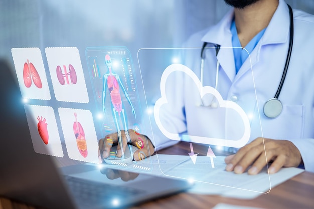 Doctor using computer backup data on Cloud Computer technology and storage online for computer computer backup storage data Internet technology backup online document backup data concept