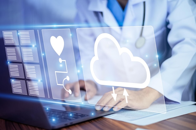 Doctor using computer backup data on Cloud Computer technology and storage online for computer computer backup storage data Internet technology backup online document backup data concept
