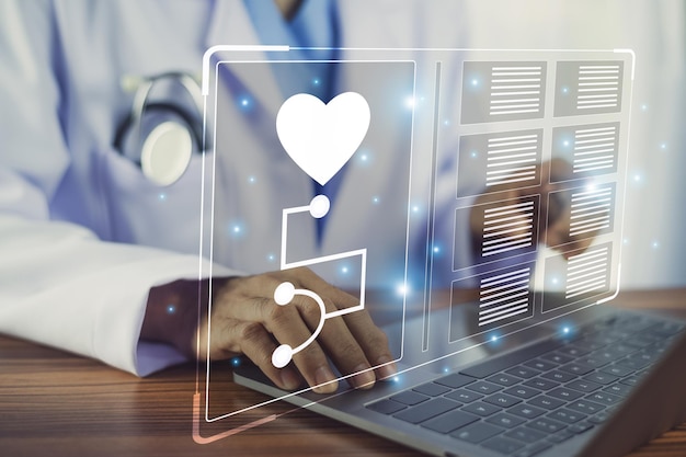 Doctors use computers to check and record patient medical information modern treatment system