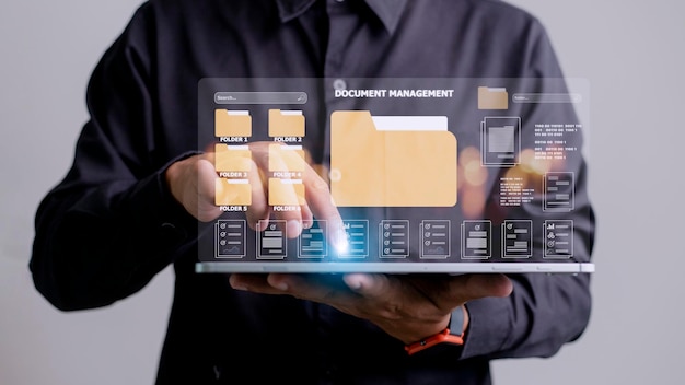Document management concept Virtual screen icons Document Management System DMS Online document database software for efficient archiving searching and management of company files and data