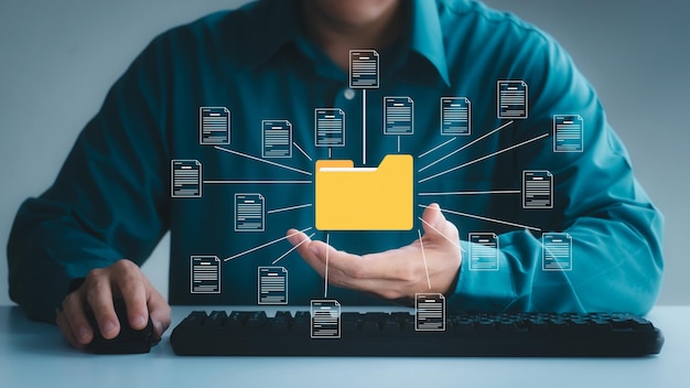 Document management system concept business man holding folder and document icon software searching and managing files online document database for efficient archiving and company data