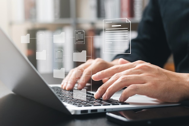 Document management system concept businessman using laptop manage folder and document icon software searching and managing files online document database for efficient archiving and company data