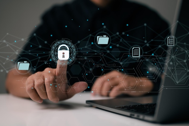 Document security concept Document management system DMS Online documentation database and digital file storage Log in to the cloud computing system network to gain access to files