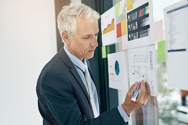 Documents glass and writing with business man in office for coaching development or training Brainstorming mindmap and planning with mature manager in corporate workplace for strategy seminar