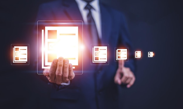 Documents management information system concept Businessman using visual screen internet for Documents management information system and ERP program data directory in company ERP document management