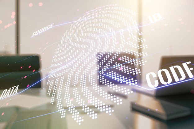 Double exposure of abstract creative fingerprint hologram and modern desk with computer on background protection of personal information concept