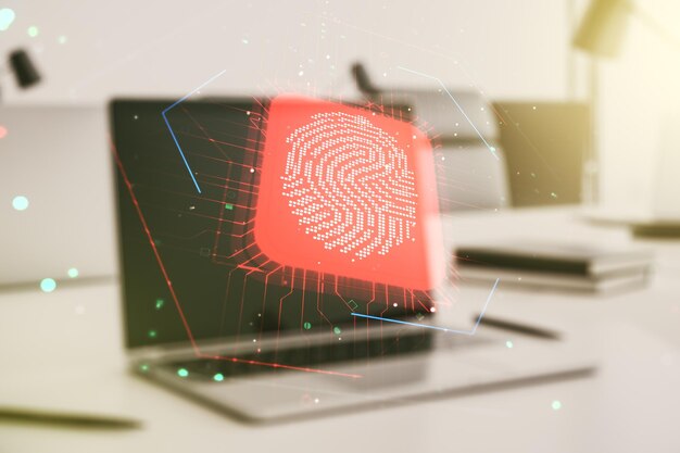 Double exposure of abstract creative fingerprint hologram on laptop background research and development concept