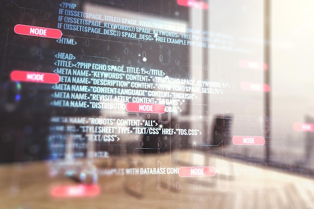 Double exposure of abstract creative programming illustration and modern desk with computer on background big data and blockchain concept