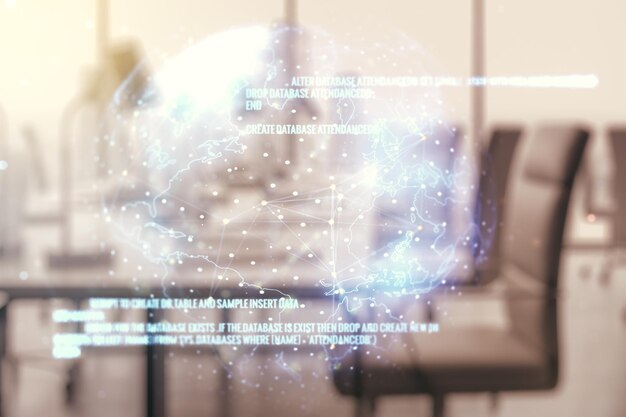 Double exposure of abstract creative programming illustration and world map on a modern furnished office interior background big data and blockchain concept