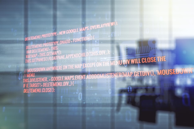 Double exposure of abstract creative programming illustration on a modern boardroom background big data and blockchain concept