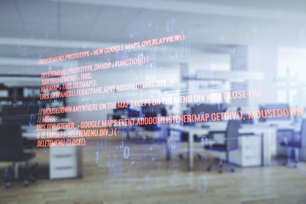Double exposure of abstract creative programming illustration on a modern furnished office interior background big data and blockchain concept