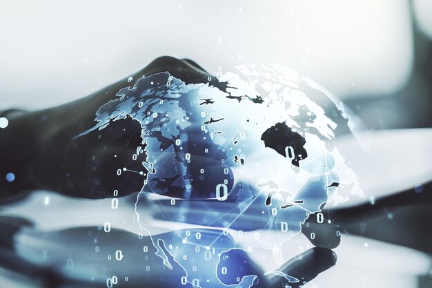 double exposure of abstract creative programming illustration with world map and finger clicks on a digital tablet on background big data and blockchain concept