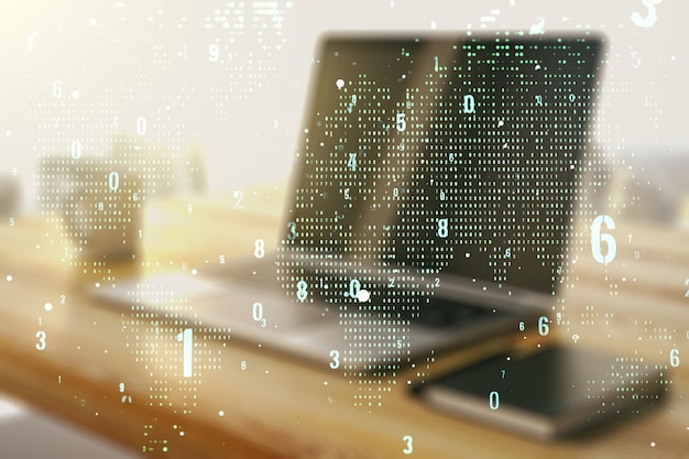 Double exposure of abstract creative programming illustration with world map and modern desk with computer on background big data and blockchain concept