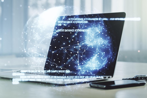 Double exposure of abstract creative programming illustration with world map on computer background