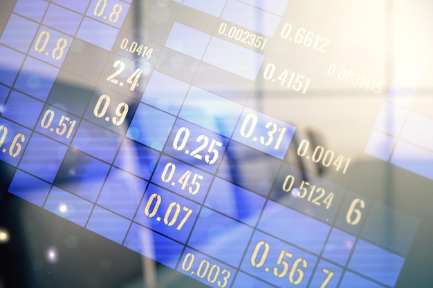 double exposure of abstract creative statistics data hologram on a modern boardroom background analytics and forecasting concept
