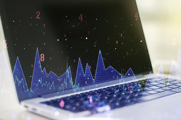 double exposure of abstract creative statistics data hologram on laptop background statistics and analytics concept