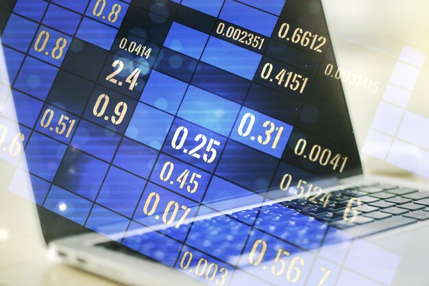 double exposure of abstract creative statistics data hologram on laptop background statistics and analytics concept