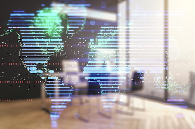 Double exposure of abstract digital world map and modern desktop with laptop on background research and strategy concept