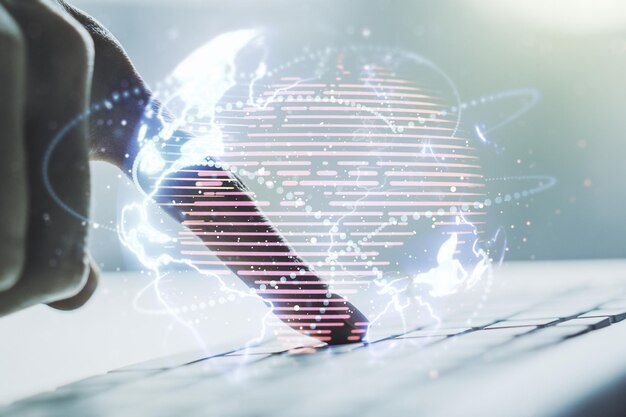 double exposure of abstract digital world map with connections and hand typing on computer keyboard on background big data and blockchain concept