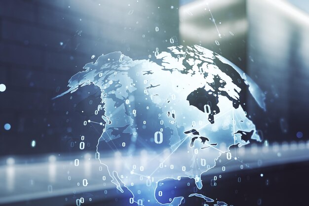 double exposure of abstract programming language hologram and world map on modern business center exterior background research and development concept