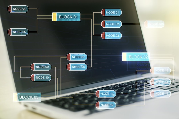 Double exposure of abstract programming language on laptop background research and development concept