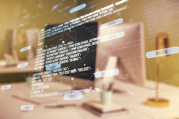 Double exposure of abstract programming language on laptop background research and development concept