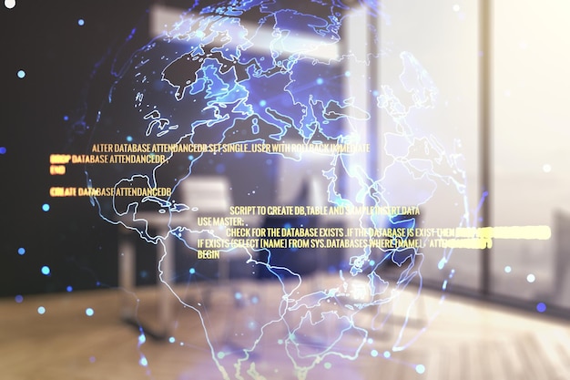 Double exposure of abstract programming language with world map and modern desktop with laptop on background research and development concept