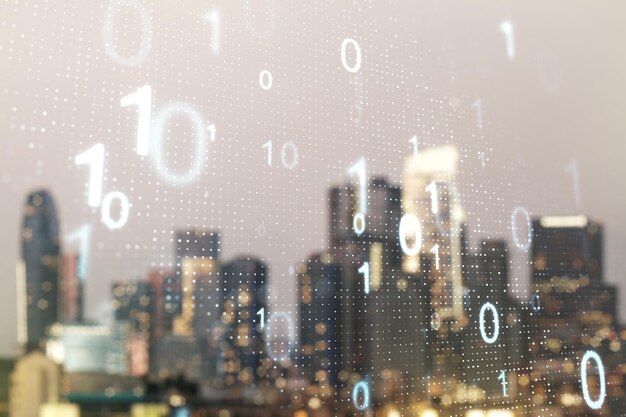 Double exposure of abstract virtual binary code hologram on blurry cityscape background Database and programming concept