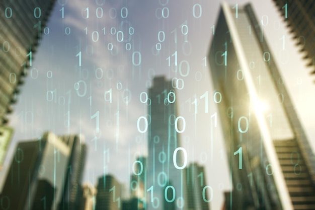 Double exposure of abstract virtual binary code hologram on modern skyscrapers background Database and programming concept