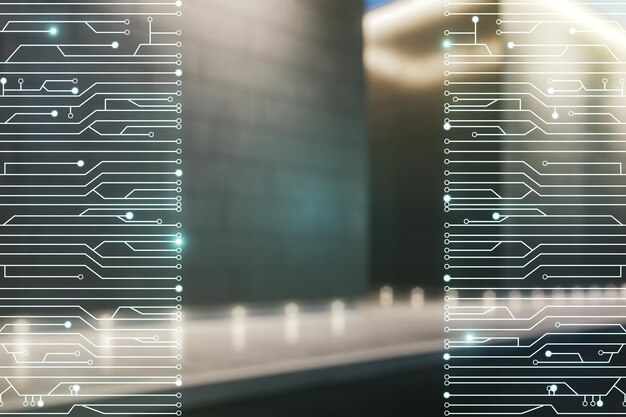 Double exposure of abstract virtual circuit hologram on modern business center exterior background Research and development hardware concept