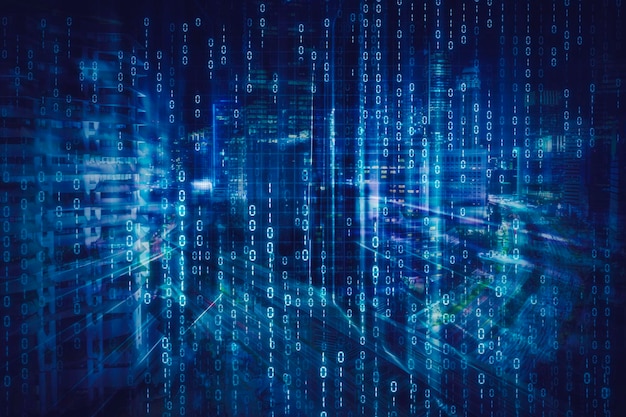 Double exposure of binary code with glowing city