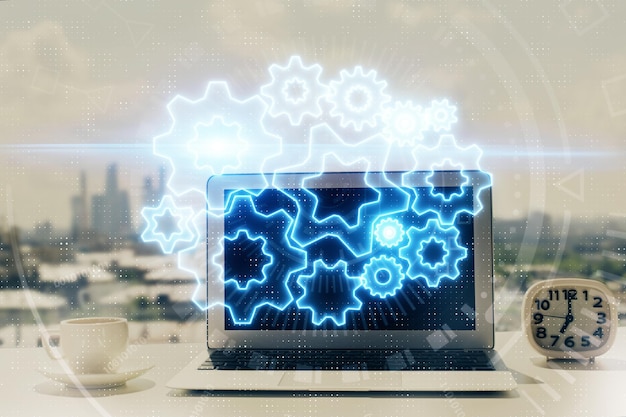 Double exposure of business theme icons and work space with computer background Concept of success