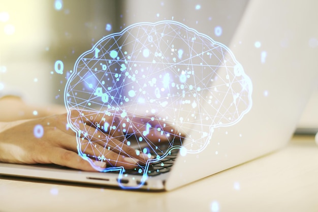 Double exposure of creative artificial Intelligence symbol with hands typing on laptop on background Neural networks and machine learning concept