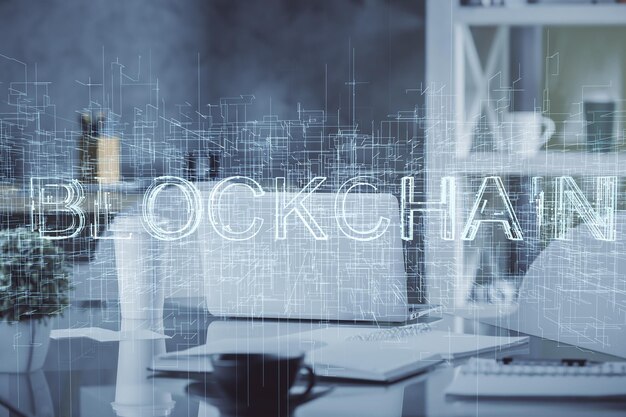 double exposure of crypto technology theme drawing and office interior background concept of blockchain