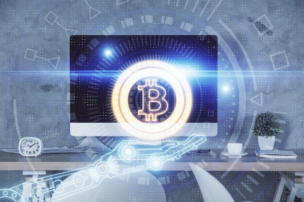 Double exposure of crypto technology theme drawing and office interior background Concept of blockchain