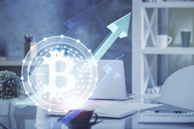 Double exposure of crypto technology theme drawing and office interior background Concept of blockchain