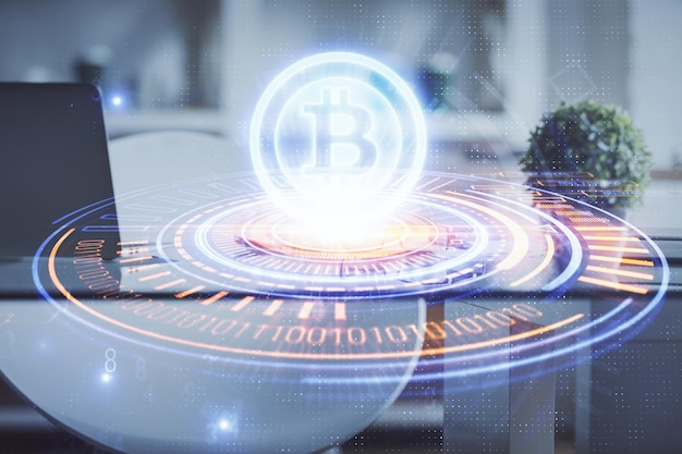 Double exposure of crypto technology theme drawing and office interior background Concept of blockchain