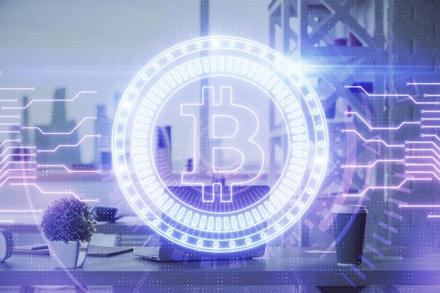 Double exposure of crypto technology theme drawing and office interior background Concept of blockchain