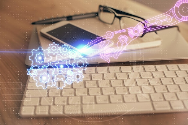 Double exposure of data theme drawing and mobile phone background Concept of innovation