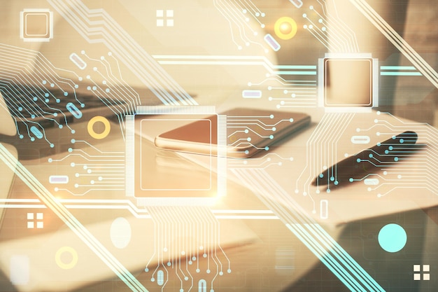 Double exposure of data theme drawing and mobile phone background Concept of innovation